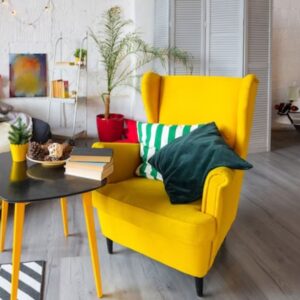 photo trendy fashion luxury interior design-scandinavian style studio apartment with bright yellow furniture decorated with lights