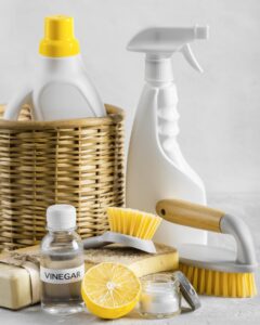 front-view-eco-friendly-cleaning-brushes-basket-with-lemon-vinegar- get rid of black spots on outdoor furniture 