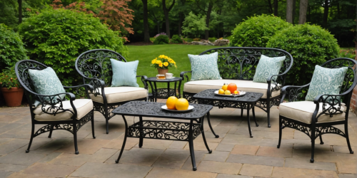 Black Wrought Iron Patio Furniture in a lawn
