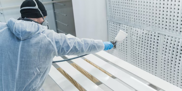 Worker using spray gun and painting wrought iron application 