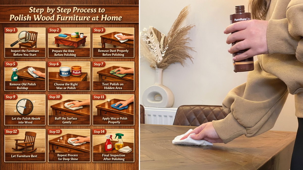 Infographic showing a step-by-step process to polish wood furniture at home, including inspecting furniture, preparing the area, removing dust, cleaning grease, removing old polish buildup, choosing the right wax, testing polish, applying wax, letting polish absorb, buffing the surface, repeating for deep shine, final inspection, letting furniture rest, and maintaining shine.